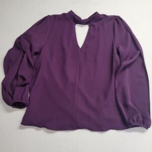 Everly Purple Mock Neck Keyhole Split Sleeve Blouse Top Plum XS